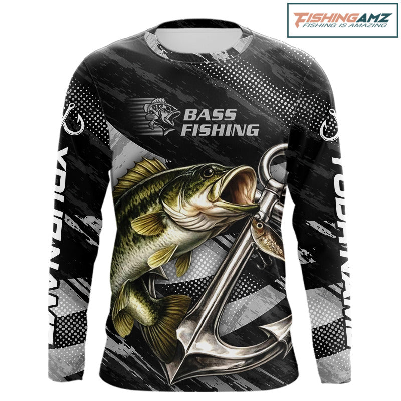Personalized Bass Fishing Long Sleeve Anchor Vector Custom Name Black Camo, Bass Fishing Shirts NBT472