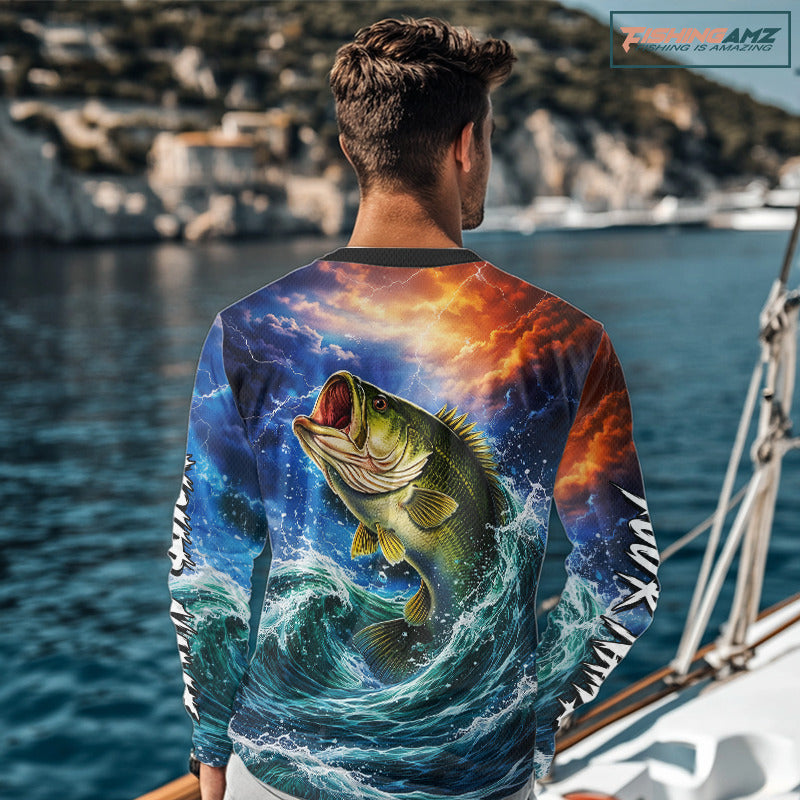 Personalized Bass Thunder And Lightening Long Sleeve Fishing Shirts,Custom Bass Fishing Jerseys NBT378
