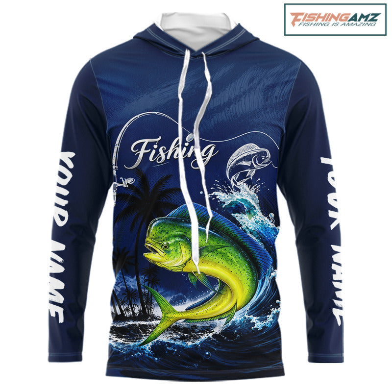 Front view Mahi Mahi Fishing Custom performance long sleeve hooded fishing shirt, custom Mahi Mahi fishing shirt with UPF protection