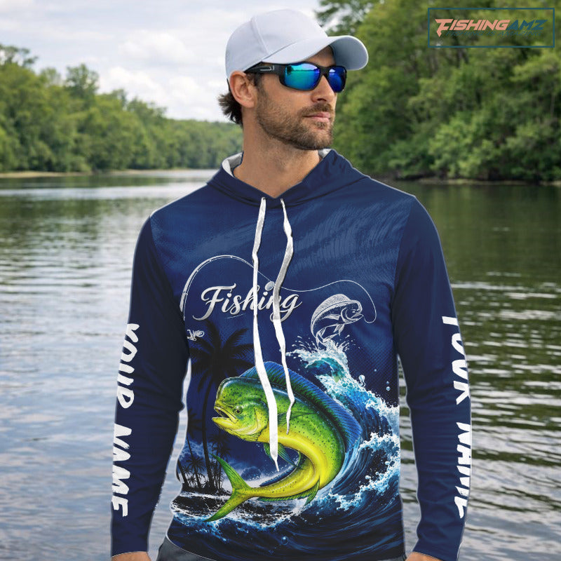 Angler wearing Mahi Mahi Fishing Custom performance long sleeve hooded fishing shirt