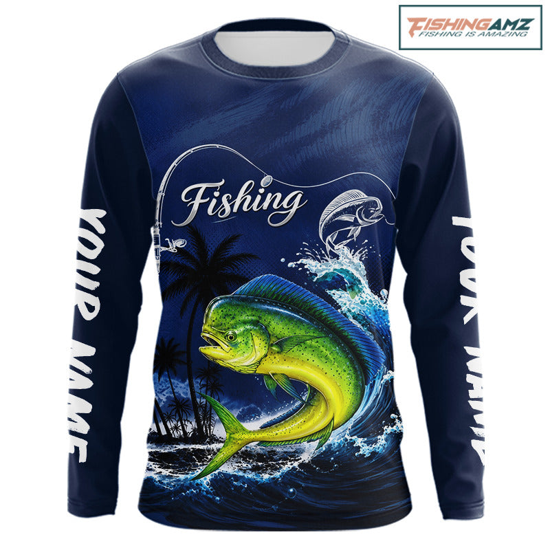 Front view Mahi Mahi Fishing Custom performance long sleeve fishing shirt, custom Mahi Mahi fishing shirt with UPF protection