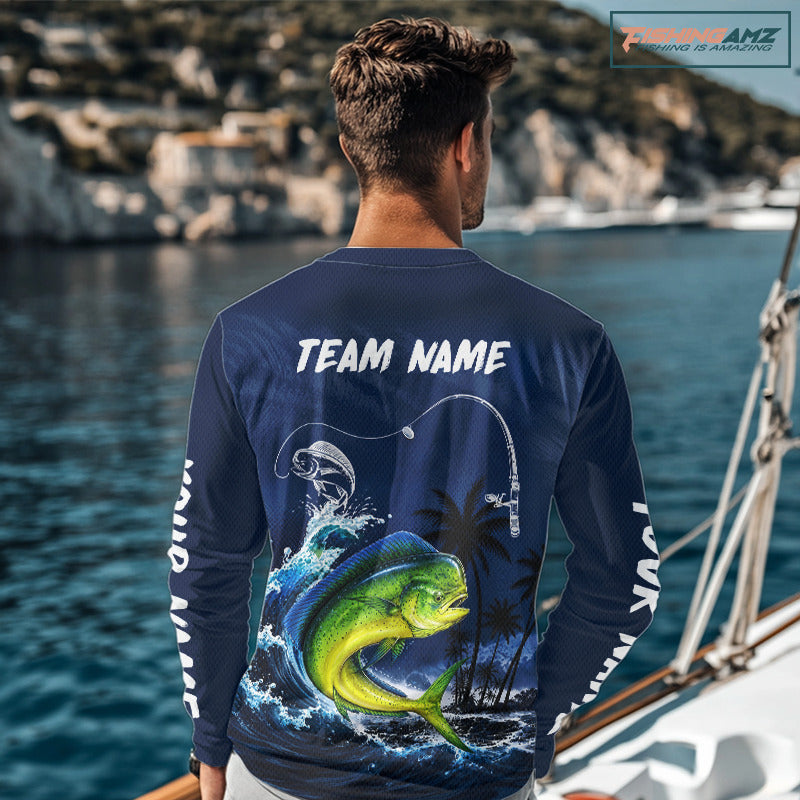 Angler wearing Mahi Mahi Fishing Custom performance long sleeve fishing shirt on the boat