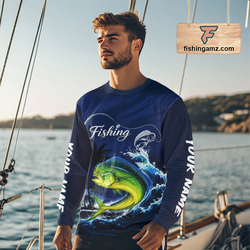 Angler wearing Mahi Mahi Fishing Custom performance long sleeve fishing shirt on the boat