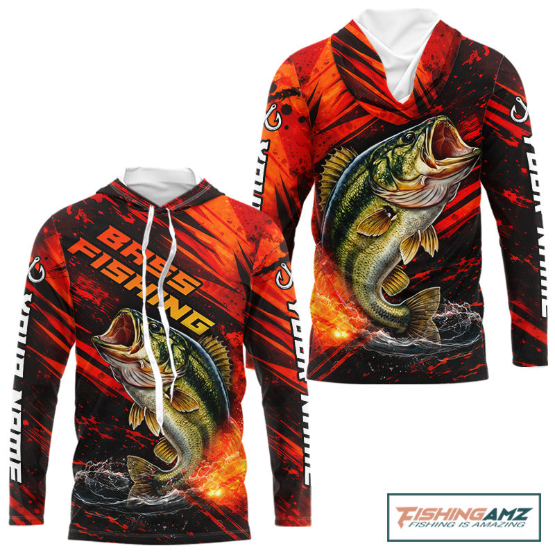 Personalized Fishing Bass Long Sleeve Hooded Fishing Shirts Orange Custom Nam, Fishing Shirts For Men NBT382