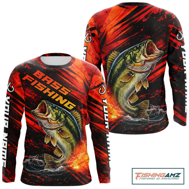 Personalized Fishing Bass Long Sleeve Fishing Shirts Orange Custom Name, Fishing Shirts For Men NBT382