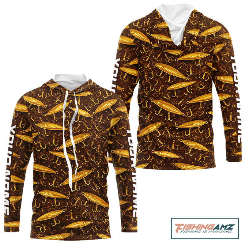 Custom Fishing Lure Yellow Long Sleeve Hooded Fishing Shirts For Men Custom Name, Mens Fishing Outfit NBT388