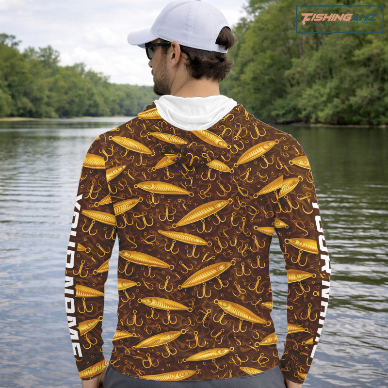 Custom Fishing Lure Yellow Long Sleeve Hooded Fishing Shirts For Men Custom Name, Mens Fishing Outfit NBT388