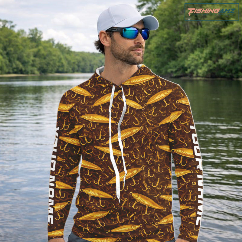Custom Fishing Lure Yellow Long Sleeve Hooded Fishing Shirts For Men Custom Name, Mens Fishing Outfit NBT388
