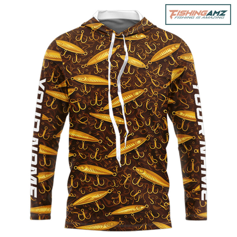 Custom Fishing Lure Yellow Long Sleeve Hooded Fishing Shirts For Men Custom Name, Mens Fishing Outfit NBT388