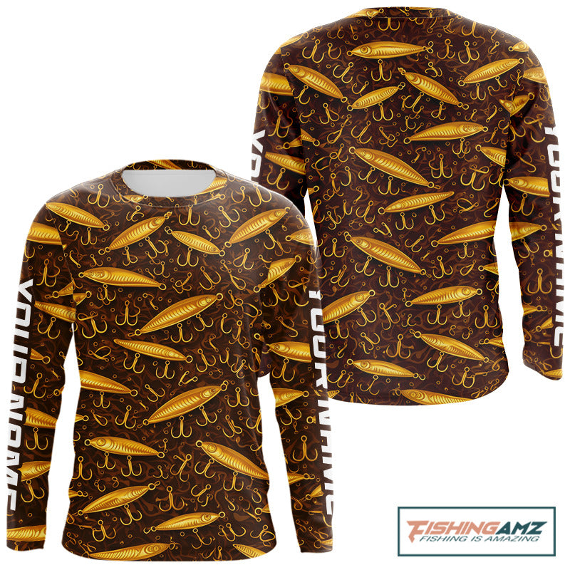 Custom Fishing Lure Yellow Long Sleeve Fishing Shirts For Men Custom Name, Mens Fishing Outfit NBT388