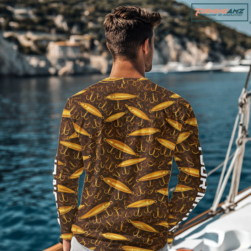 Custom Fishing Lure Yellow Long Sleeve Fishing Shirts For Men Custom Name, Mens Fishing Outfit NBT388