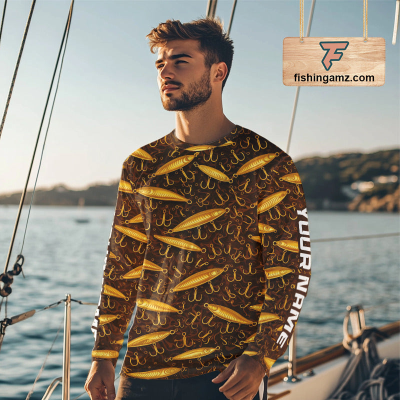 Custom Fishing Lure Yellow Long Sleeve Fishing Shirts For Men Custom Name, Mens Fishing Outfit NBT388