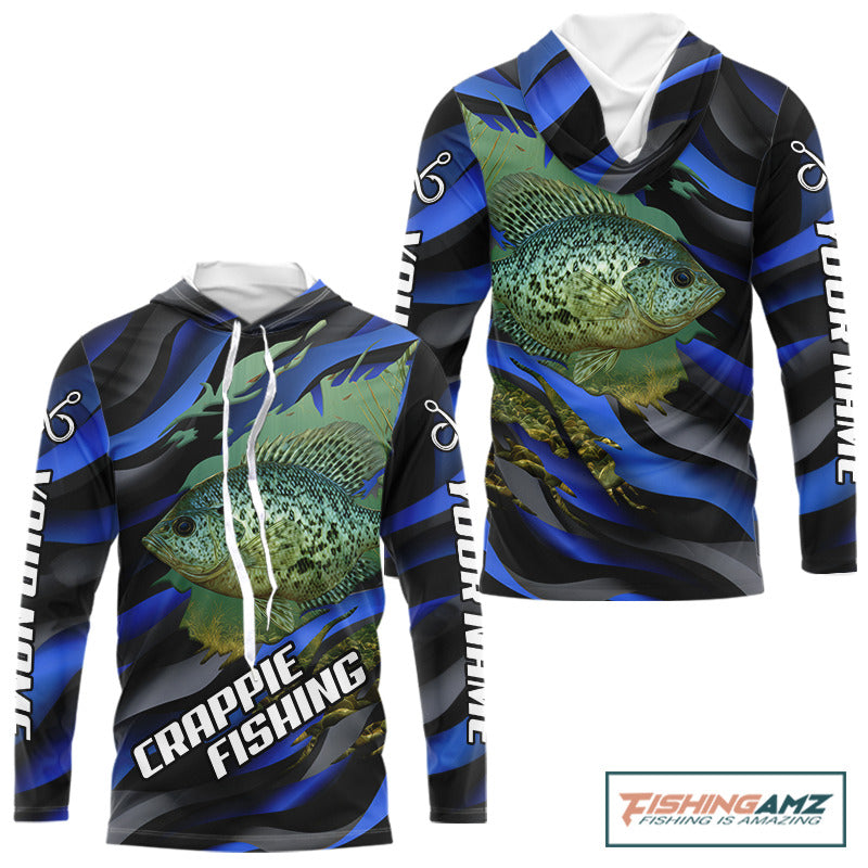 Custom Crappie Fishing Blue Camo Long Sleeve Hooded Fishing Shirts, Crappie Fishing Shirts NBT390