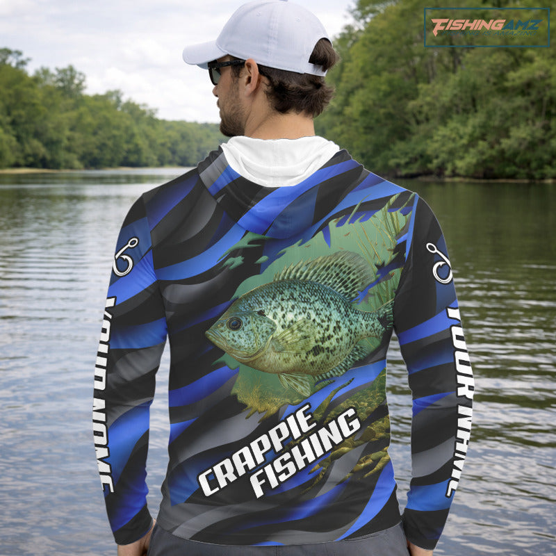 Custom Crappie Fishing Blue Camo Long Sleeve Hooded Fishing Shirts, Crappie Fishing Shirts NBT390