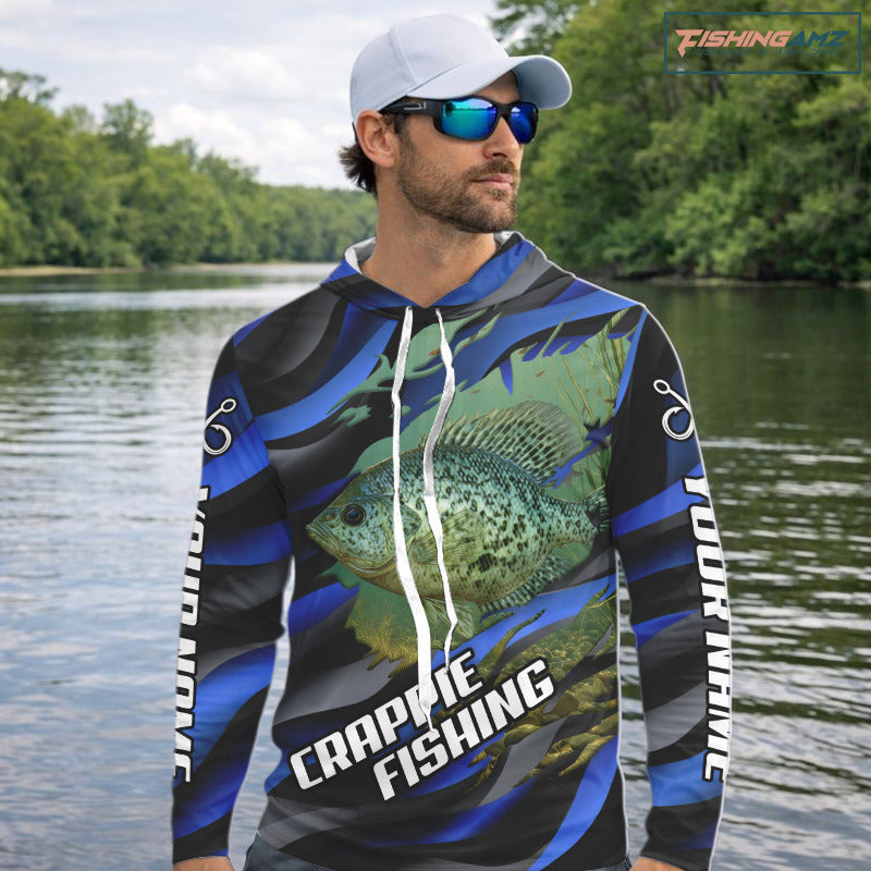 Custom Crappie Fishing Blue Camo Long Sleeve Hooded Fishing Shirts, Crappie Fishing Shirts NBT390