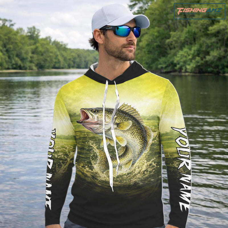 Yellow Walleye Fishing UV Protection Long Sleeve Hooded Fishing Shirts, Custom Walleye Fishing Shirts NBT400