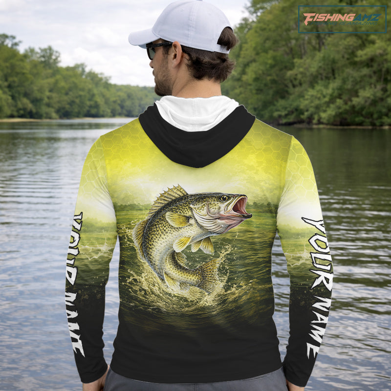 Yellow Walleye Fishing UV Protection Long Sleeve Hooded Fishing Shirts, Custom Walleye Fishing Shirts NBT400