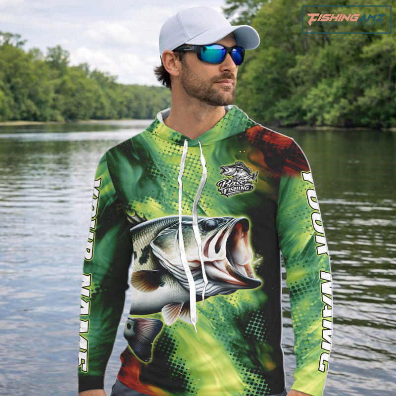 Custom Green Camo Bass Long Sleeve Fishing Shirts, Bass Fishing Shirts For Men NBT449
