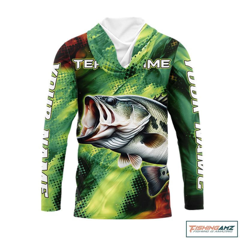 Custom Green Camo Bass Long Sleeve Fishing Shirts, Bass Fishing Shirts For Men NBT449