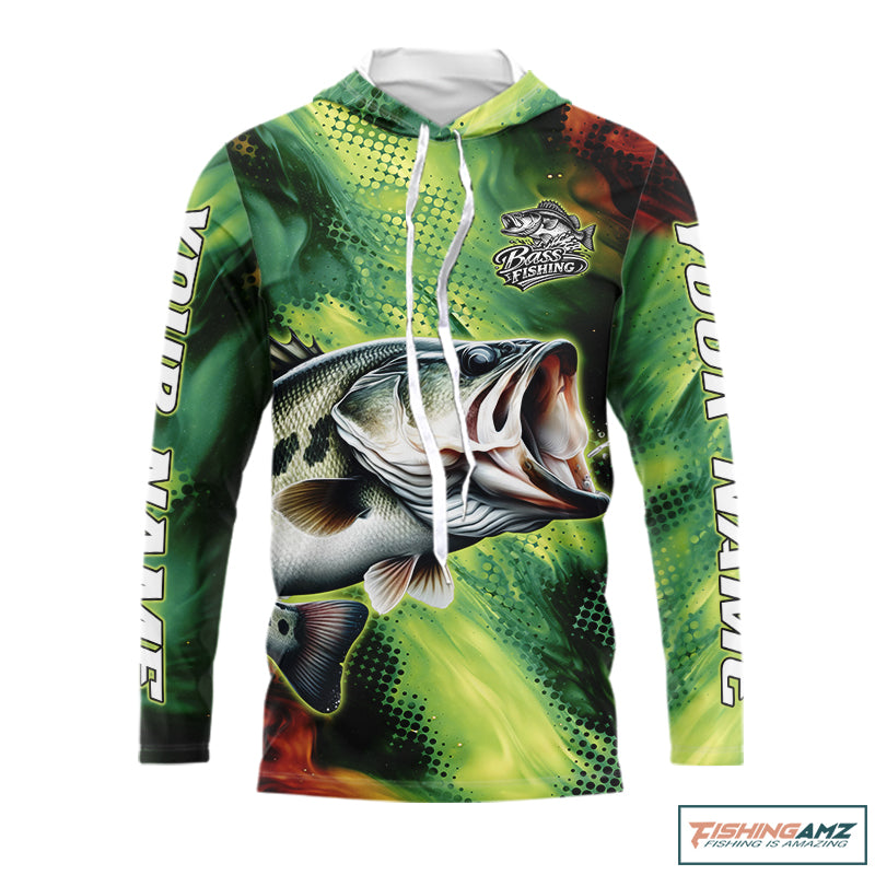 Custom Green Camo Bass Long Sleeve Fishing Shirts, Bass Fishing Shirts For Men NBT449