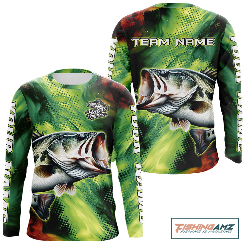 Custom Green Camo Bass Long Sleeve Fishing Shirts, Bass Fishing Shirts For Men NBT449