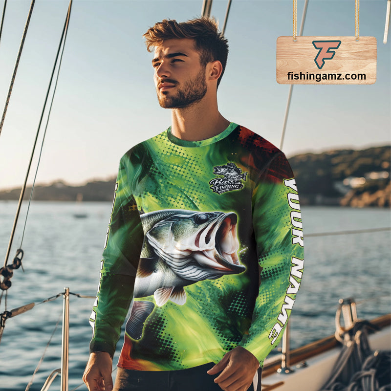 Custom Green Camo Bass Long Sleeve Fishing Shirts, Bass Fishing Shirts For Men NBT449