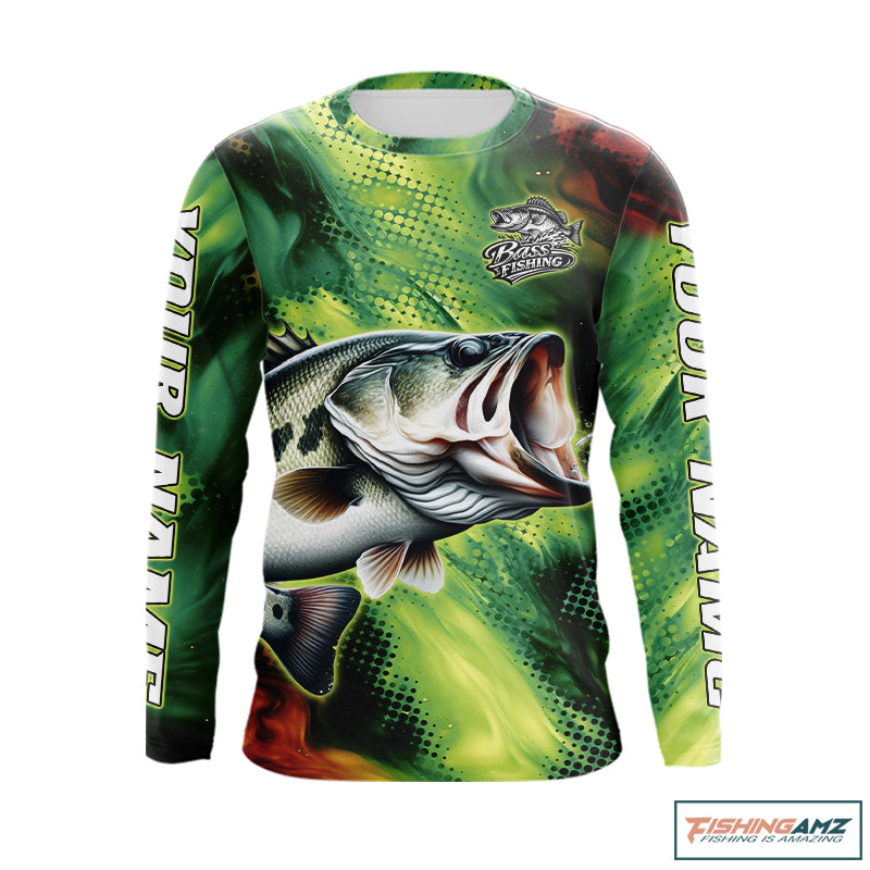 Custom Green Camo Bass Long Sleeve Fishing Shirts, Bass Fishing Shirts For Men NBT449