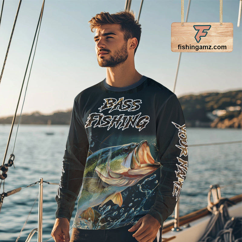 Largemouth Bass Fishing Long Sleeve Fishing Shirts Grass Camo, Bass Fishing Tournament Jerseys NBT362