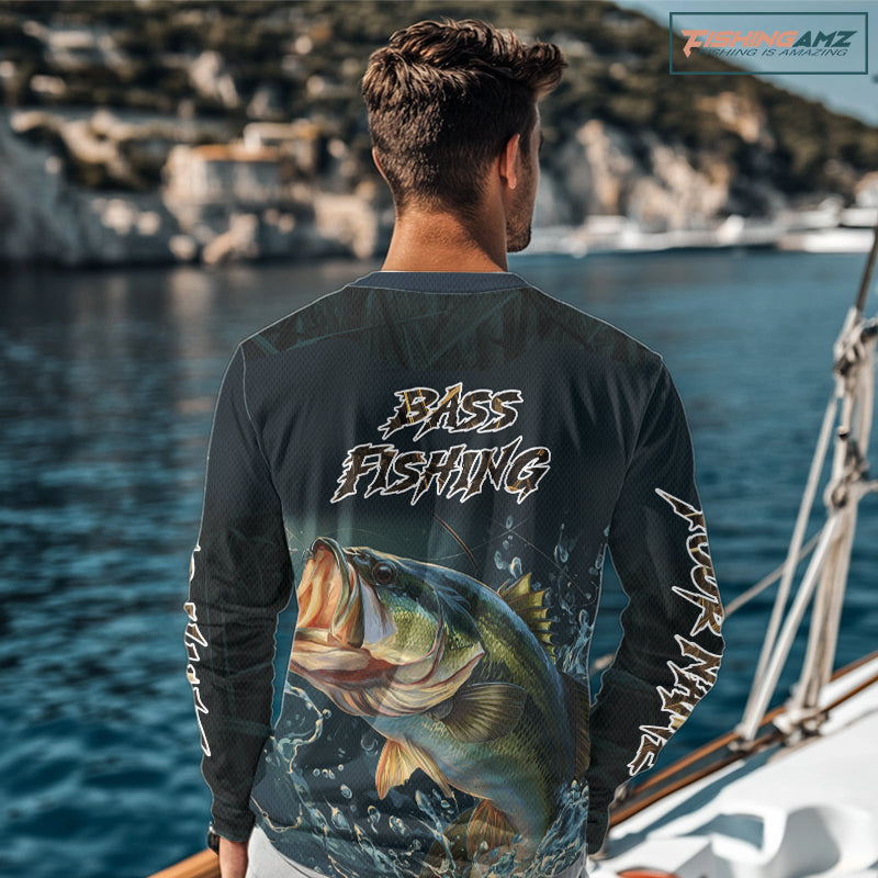 Largemouth Bass Fishing Long Sleeve Fishing Shirts Grass Camo, Bass Fishing Tournament Jerseys NBT362