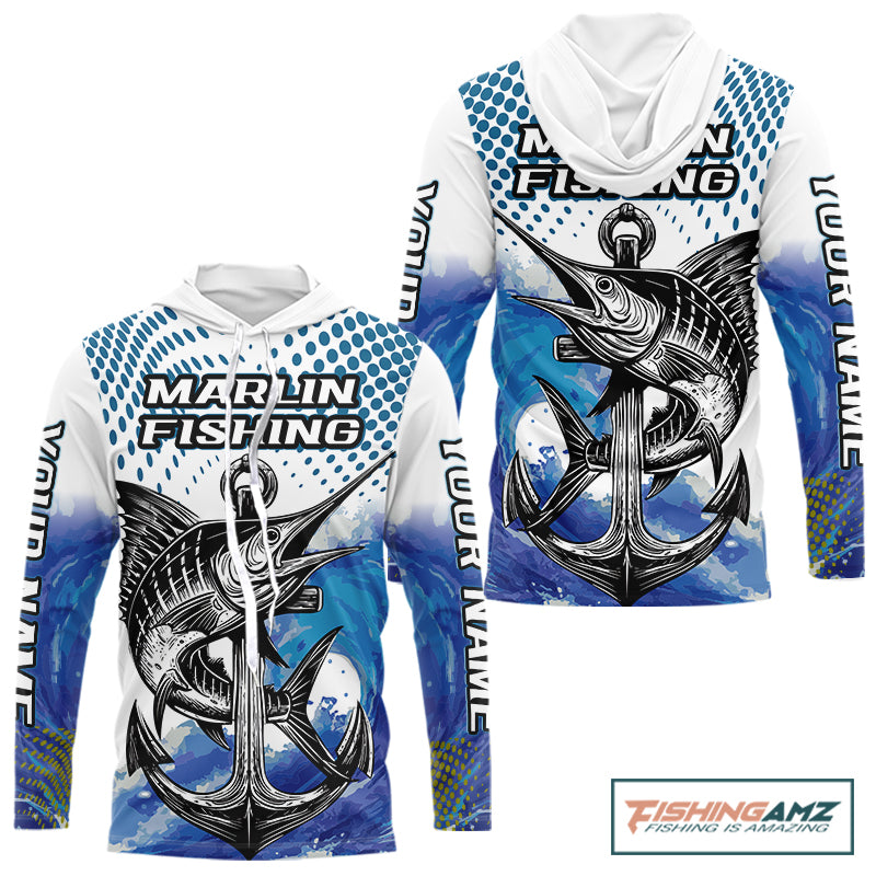 Personalized Blue Marlin Saltwater Fish Fishing Shirts Long Sleeve Custom Name Tournament Fishing Shirts NBT368