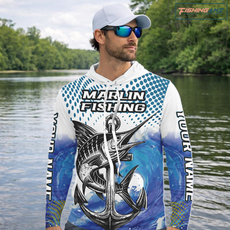 Personalized Blue Marlin Saltwater Fish Fishing Shirts Long Sleeve Custom Name Tournament Fishing Shirts NBT368