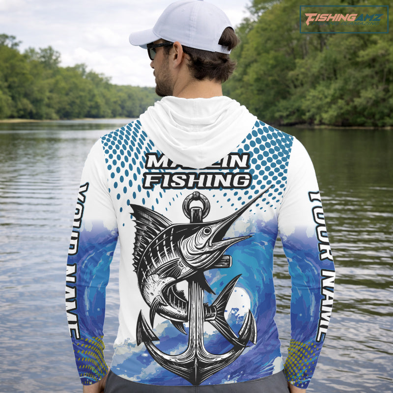 Personalized Blue Marlin Saltwater Fish Fishing Shirts Long Sleeve Custom Name Tournament Fishing Shirts NBT368