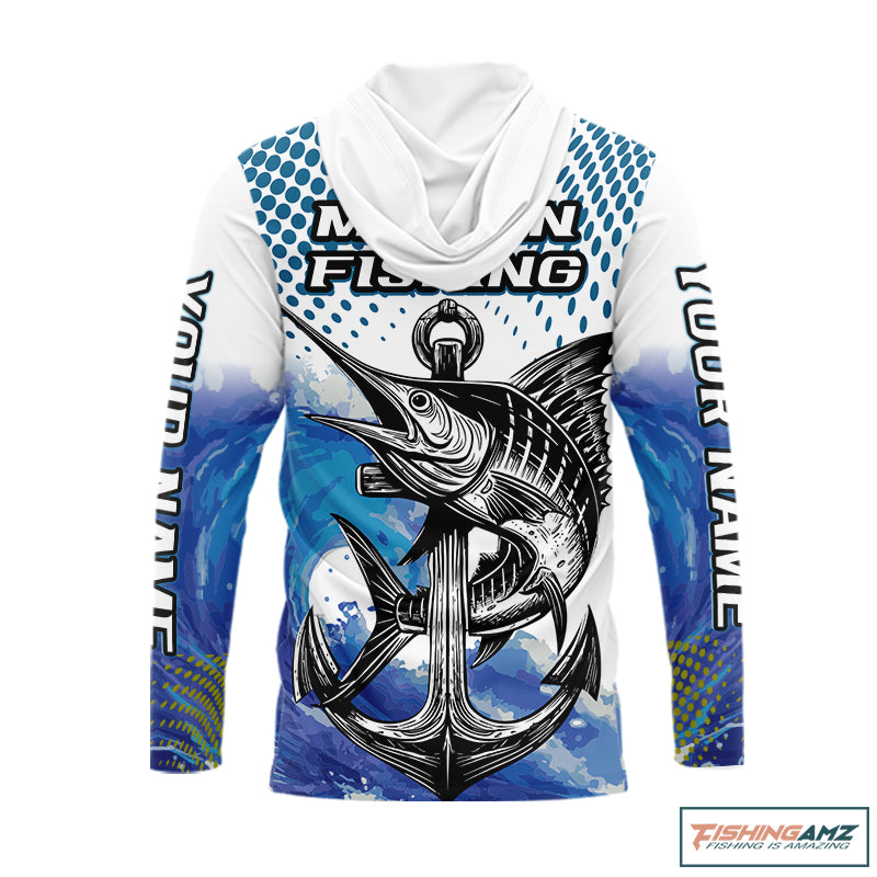 Personalized Blue Marlin Saltwater Fish Fishing Shirts Long Sleeve Custom Name Tournament Fishing Shirts NBT368