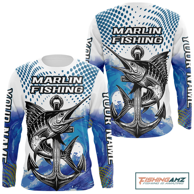 Personalized Blue Marlin Saltwater Fish Fishing Shirts Long Sleeve Custom Name Tournament Fishing Shirts NBT368