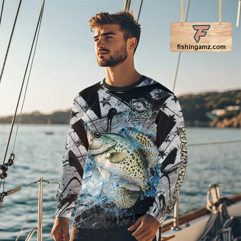 Custom American Flag Crappie Fishing Shirts Long Sleeve, Crappie Patriotic Fishing Shirt NBT471