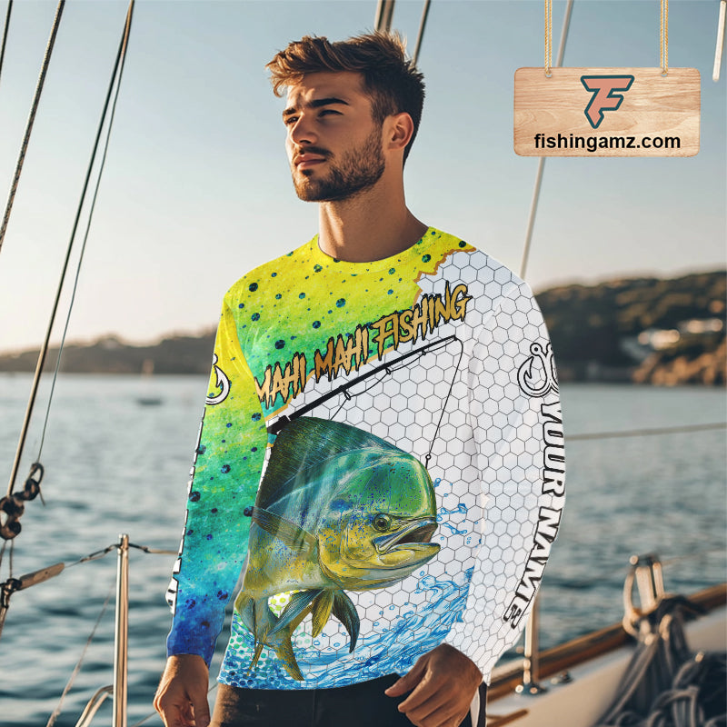 back view of custom saltwater UPF fishing shirt with long sleeves