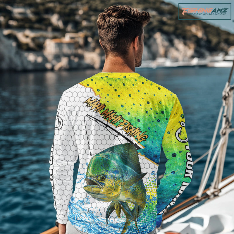 Offshore angler wearing Mahi Mahi UPF long sleeve fishing shirt on a fishing boat