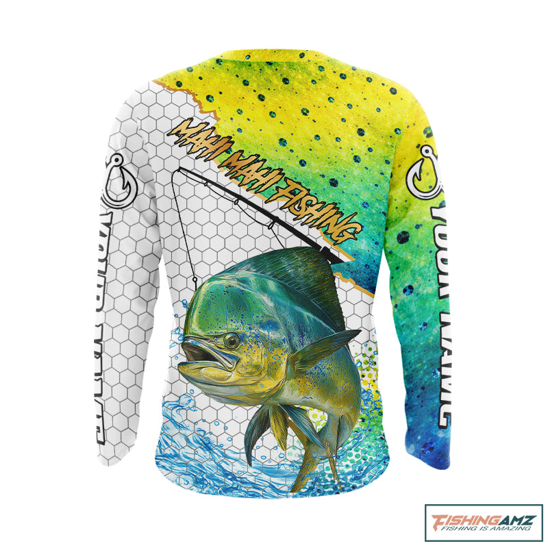 Back view of offshore Mahi Mahi fishing long sleeve jersey