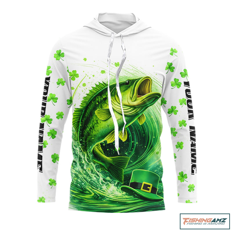 Personalized St Patrick's Day Shirts Largemouth Bass Fishing Long Sleeve Hooded, Custom Bass Fishing Jerseys NBT383