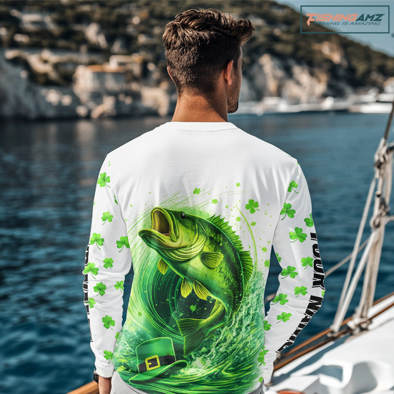 Personalized St Patrick's Day Shirts Largemouth Bass Fishing Long Sleeve, Custom Bass Fishing Jerseys NBT383