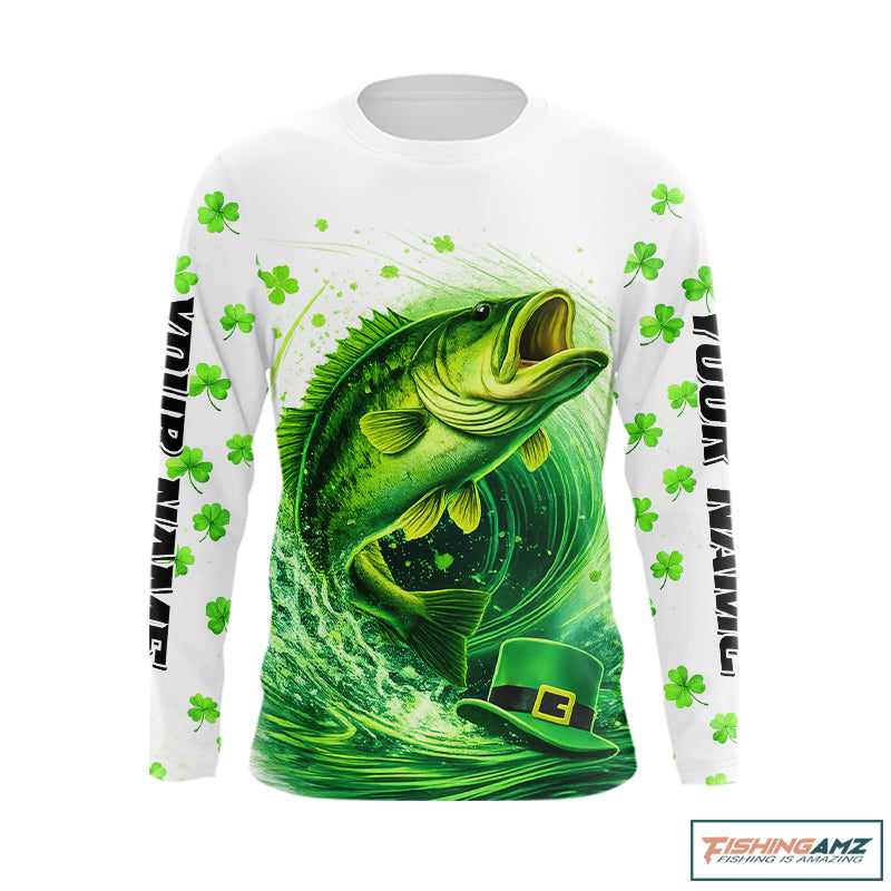 Personalized St Patrick's Day Shirts Largemouth Bass Fishing Long Sleeve, Custom Bass Fishing Jerseys NBT383