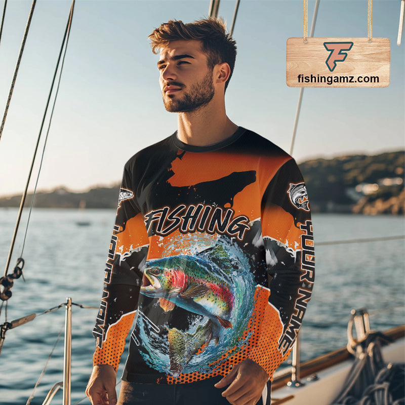 Rainbow Trout Long Sleeve Fishing Shirts Custom Orange Fishing Jerseys, Trout Fishing Shirts NBT343
