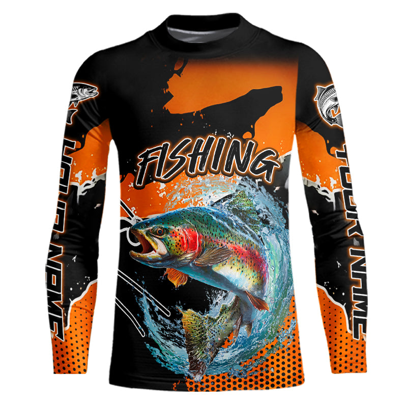 Rainbow Trout Fishing Custom Orange Long Sleeve Fishing Shirts, Trout Tournament Fishing Jerseys NBT343