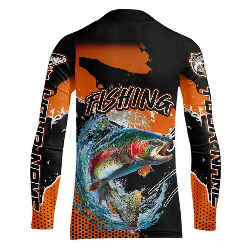 Rainbow Trout Fishing Custom Orange Long Sleeve Fishing Shirts, Trout Tournament Fishing Jerseys NBT343