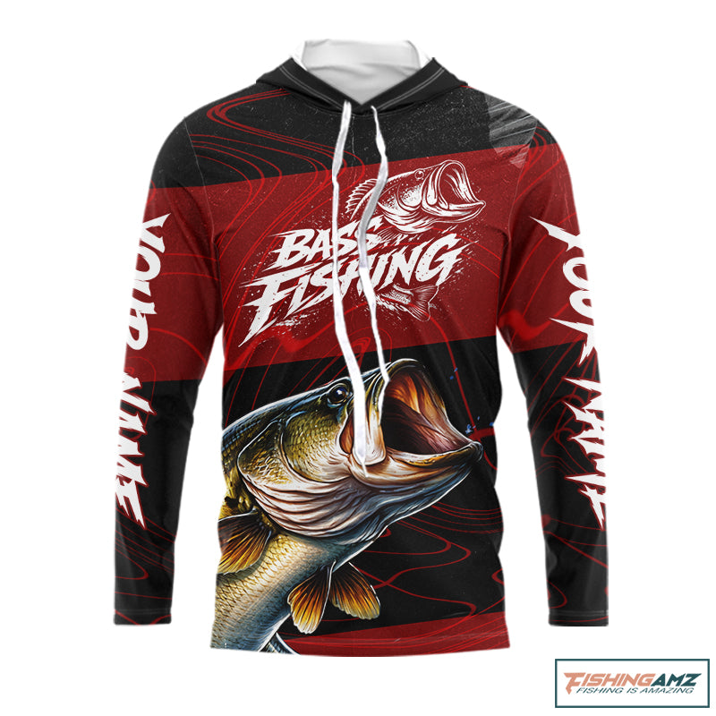 Personalized Bass Long Sleeve Hooded Fishing Shirts UV Protection, Bass Fishing Shirts For Men NBT435
