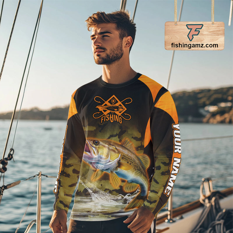 Personalized Walleye Long Sleeve Fishing Shirts Orange Camouflage, Walleye Fishing Shirts NBT395