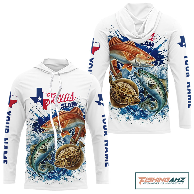 Texas Slam Fishing Trout, Redfish, Flounder Long Sleeve Hooded Fishing Shirts, Texas Flag Fishing Jerseys NBT445