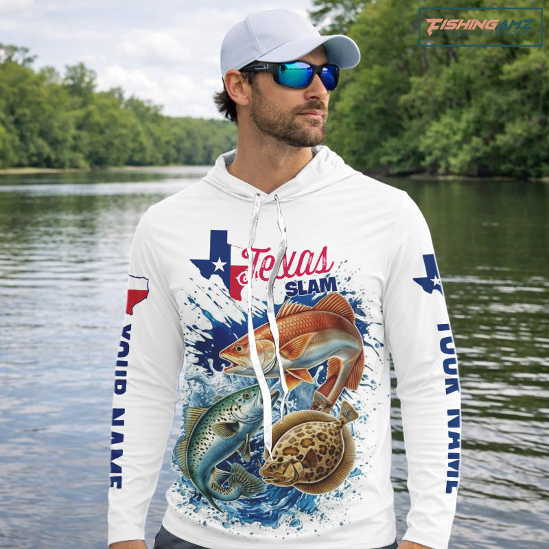 Texas Slam Fishing Trout, Redfish, Flounder Long Sleeve Hooded Fishing Shirts, Texas Flag Fishing Jerseys NBT445