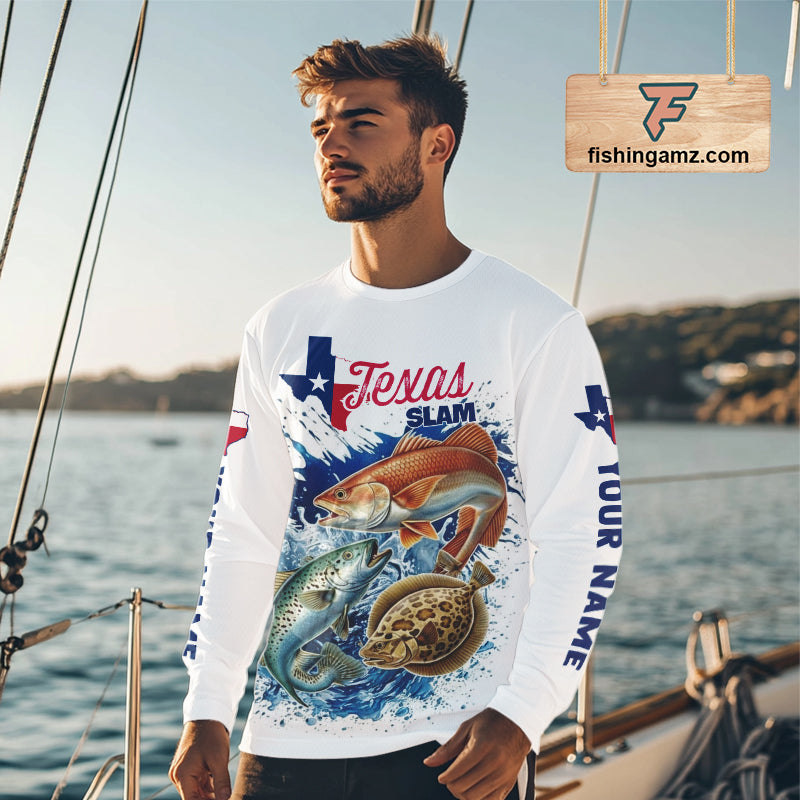 Texas angler wearing Texas Slam trout redfish flounder fishing shirt on boat