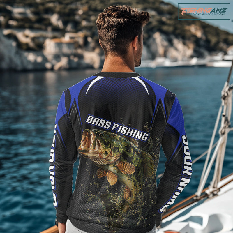 Largemouth Bass Fishing Shirts Long Sleeve UV Protection Blue Custom Name, Bass Fishing Team Jerseys NBT357